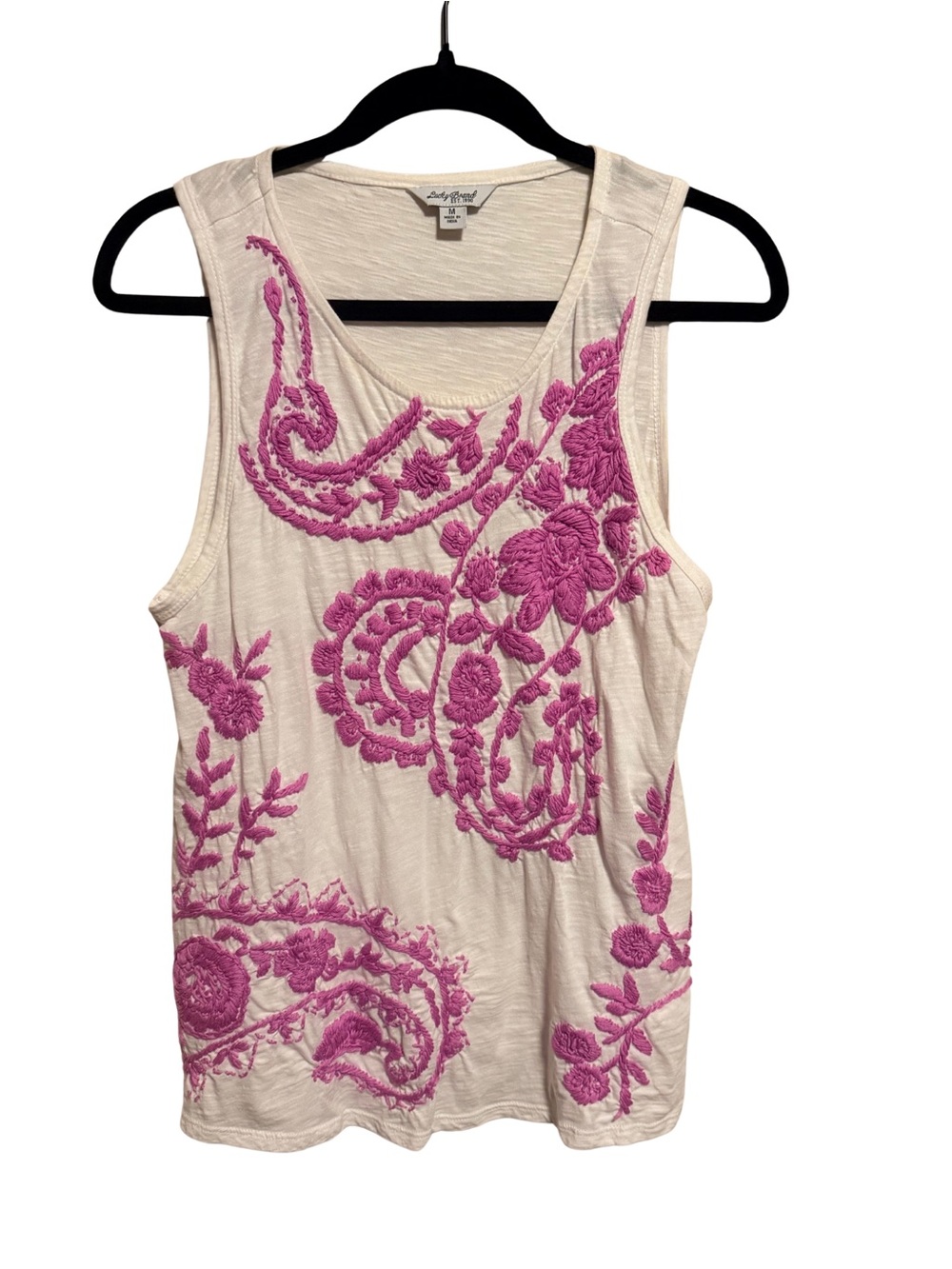 Lucky Brand Cream Tank with Pink Floral Embroidery
